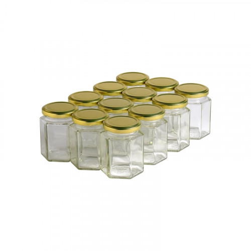 12 pots verre hexagonaux 250g (196 ml) avec couvercles TO 58